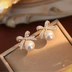 Pearl & Diamond Gold Bow Earrings